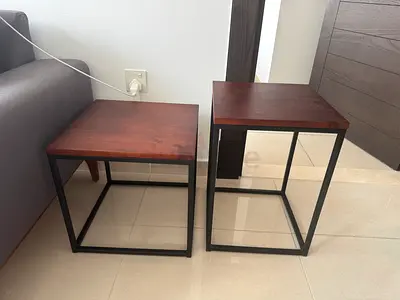 Set of 2 wooden top side tables with black metal frame