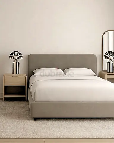 Modern upholstered double bed with bedside tables - beige