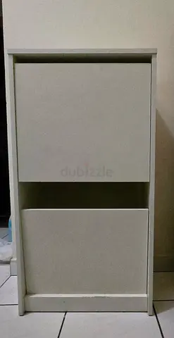 White Narrow Shoe Cabinet from Ikea with Two Doors and Open Shelf