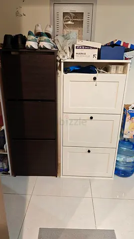 Set of 2 shoe cabinets - dark brown and white, slim storage units