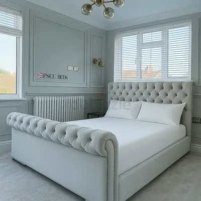 Modern Tufted Sleigh Bed Frame in Light Gray Fabric