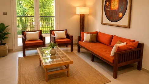 Hand-Carved Solid Wood Sofa Set with Orange Cushions