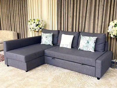 Grey L-Shaped Sofa Bed with Pull Out Section