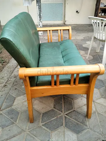 Vintage-Style Green Leatherette Loveseat with Wooden Frame