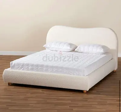 White Bouclé Upholstered Double Bed Frame with Curved Headboard