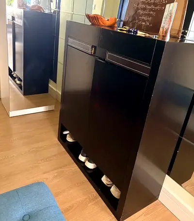 Black hallway shoe cabinet with storage shelf - good condition