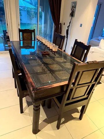 Solid Wood Dining Table with Glass Top and 6 Chairs - Dark Finish