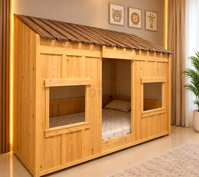 Wooden Kids Cabin Bed Frame (Double/Playhouse Style) - Good Condition