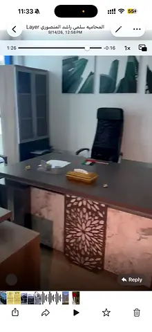 Executive wooden office desk with matching chair and storage cabinet