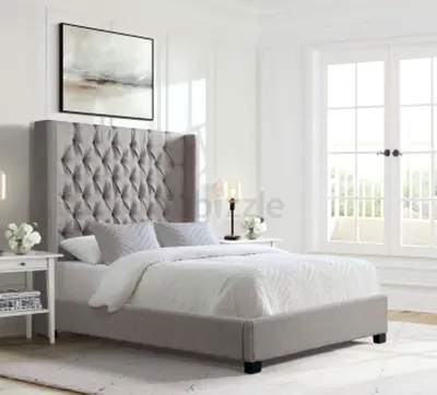 Soft Gray Velvet Platform Bed With Tufted Headboard