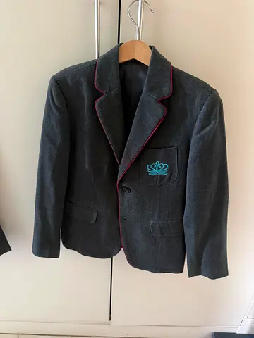 NAS school Dark grey blazer jacket with teal embroidery, size medium (preowned)
