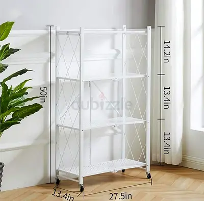 White 4-Tier Metal Storage Shelf on Wheels – 50in Tall