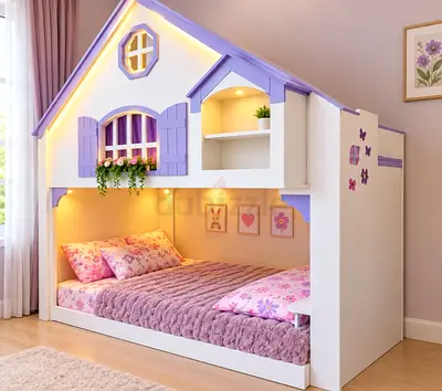 Kids Cottage-Style Single Bed with Playhouse Canopy – White & Lavender