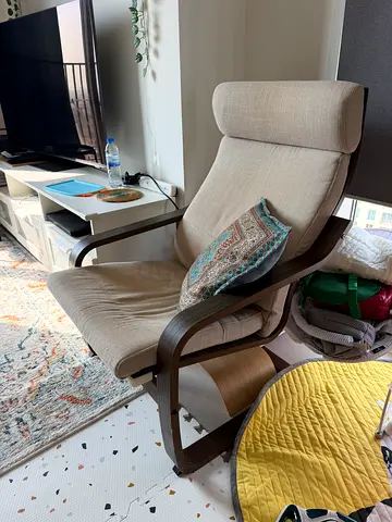 IKEA POANG Beige fabric lounge armchair with wooden frame - good condition