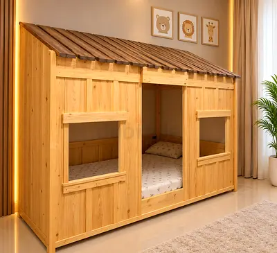 Wooden Cabin Style Kids Bed with Roof