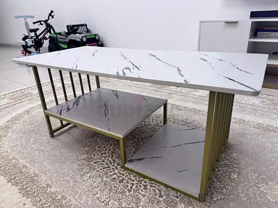 White Marble-Effect Coffee Table with Gold Frame and Lower Shelves