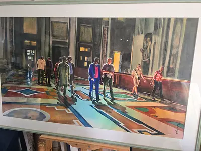 Framed Large Watercolor Painting of People in Grand Interior
