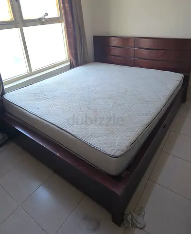 Double wooden bed frame with storage +mattress - dark brown