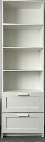 White Tall Bookcase / Display Shelf with 2 Drawers - Good Condition