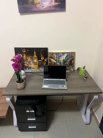 Used modern study/computer table with drawers - grey wood finish