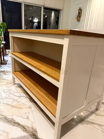 IKEA kitchen Island off white oak with 2 stool chairs