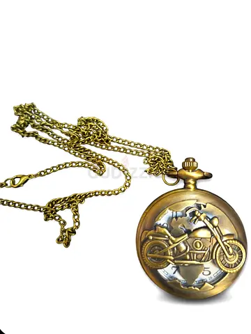 Vintage-style Motorcycle Pocket Watch on Chain - Brass Tone