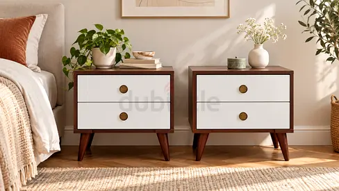 Pair of bedside nightstands with two drawers (walnut & white)