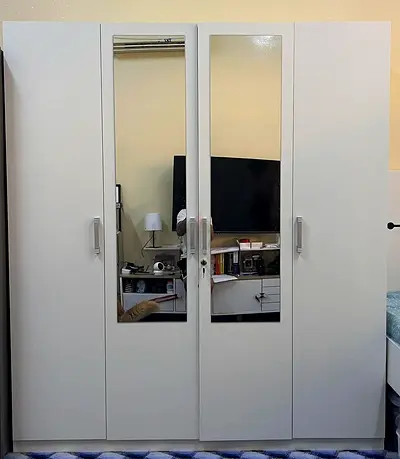 White 4-Door Wardrobe with Mirrors, Good Condition (160 cm L x 52 cm W x 182 cm H)