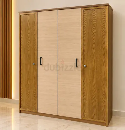 Solid wood 4-door wardrobe, light and dark finish, spacious storage