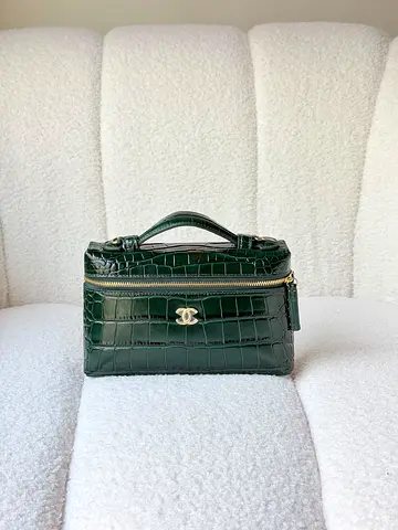 Dark green croc-effect top-handle vanity bag with gold hardware