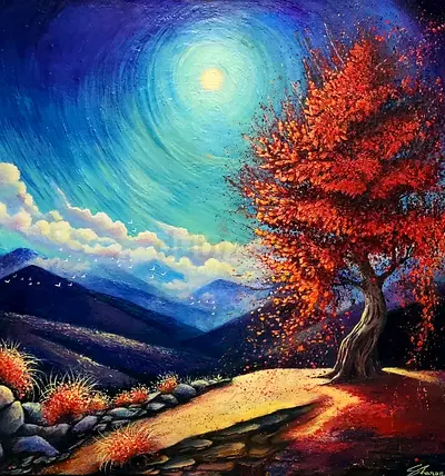 Vibrant Red Tree Painting Landscape Art, original artwork.