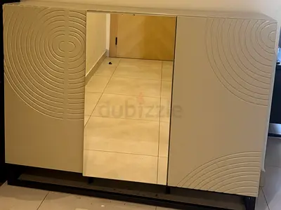 Cream Sideboard Cabinet with Mirror and Geometric Panel Design