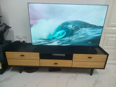 Modern Industrial TV Stand / Media Console - Black & Natural Oak Wood Finish