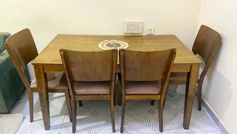 Wooden Dining Table with Four Matching Chairs and Bench