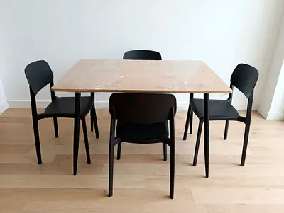 Wooden Dining Table with 4 Black Chairs - Minimalist Set