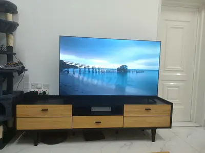 Modern Industrial TV Stand / Media Console - Black & Natural Oak Wood Finish