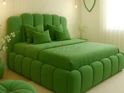Modern Green Upholstered Queen Bed with Padded Headboard included spring Topper mattress 28 cm