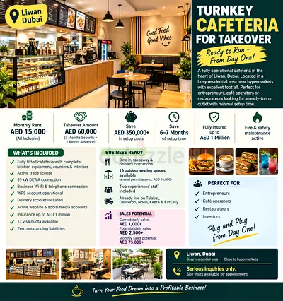 Turnkey Cafeteria Business on monthly rent for Takeover in Liwan, Dubai