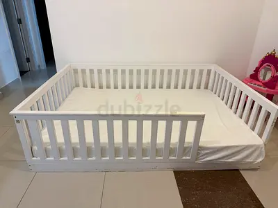 White Wooden Toddler Montessori Floor Bed with Side Rails and New Mattress
