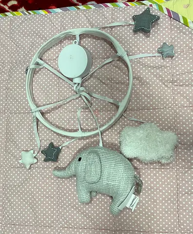 Grey Knit Elephant Crib Mobile with Stars - Lightly Used. And new baby joy toy