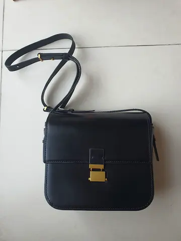 M&S Classic Black Leather Shoulder Bag with Gold Clasp