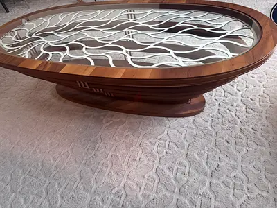 Solid Wood Oval Coffee Table with Decorative Glass Top