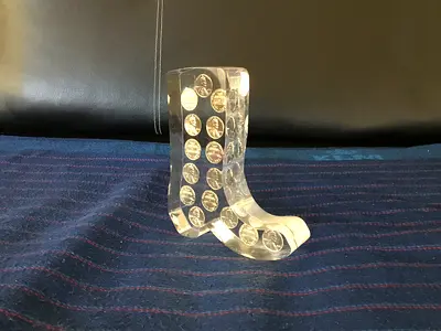 Vintage 1975 Lucite-Encased Gold Pennies Cowboy Boot-Shaped Paper Weight