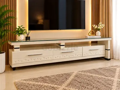 Modern White TV Stand with Glass Top and Storage Drawers
