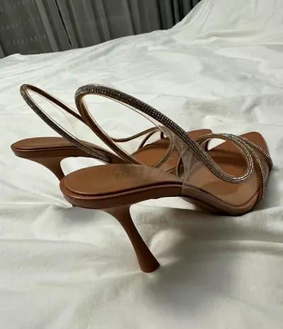 Beige clear-straps heeled sandals with rhinestone detail, size 39