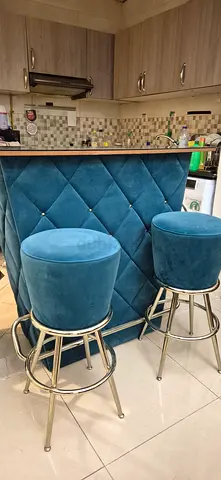 Blue velvet bar stools with matching tufted bar front - set of 2 with storage behind
