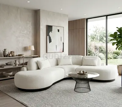 Curved Modern White Bouclé Sectional Sofa - 3-Seater Lounge