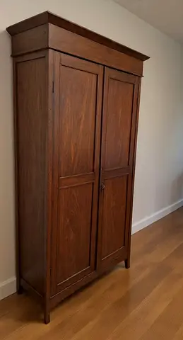 Vintage teak wood two-door wardrobe closet shelves shelving