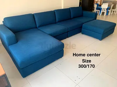 Large Blue Modular Sectional Sofa with Ottoman - 300x170 cm