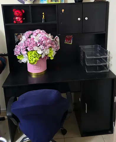 Compact black study desk with hutch and storage cabinet